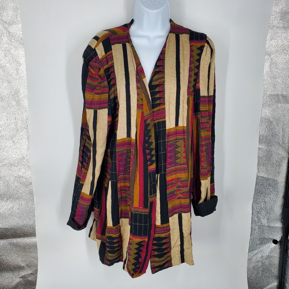 Vtg 90s PERIWINKLE Jacket Dress Size 16 Patchwork Geometric Abstract Rayon